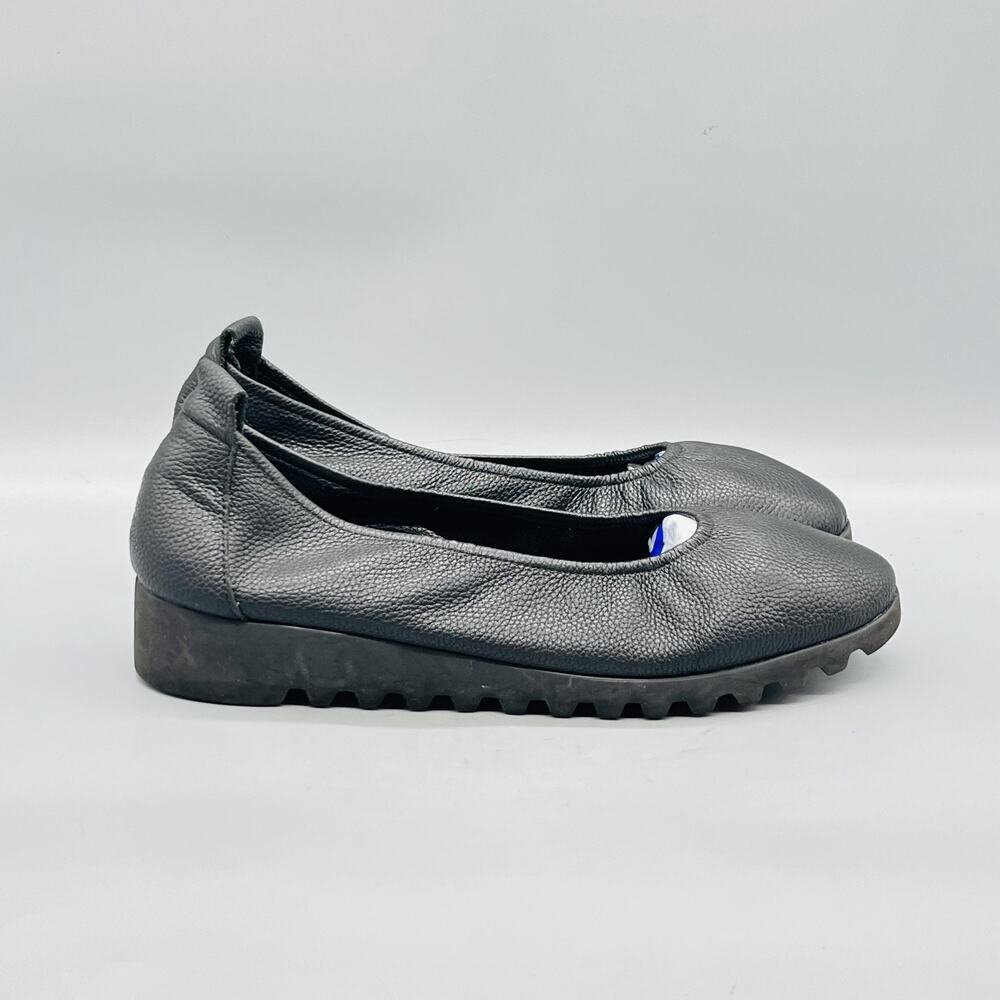 Aetrex Shoes Womens 11 Black Leather Brianna Slip On Wedge Flats Walking Comfort
